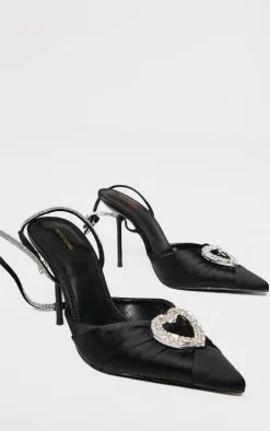 Black Satin Point Toe Diamante Heart Court Heels