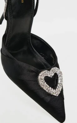 Black Satin Point Toe Diamante Heart Court Heels