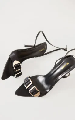 Black Satin Point Toe Double Buckle Barley There Heeled Sandals