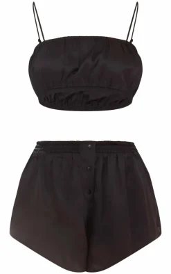 Black Satin Ruched Bralet And Short Pj Set