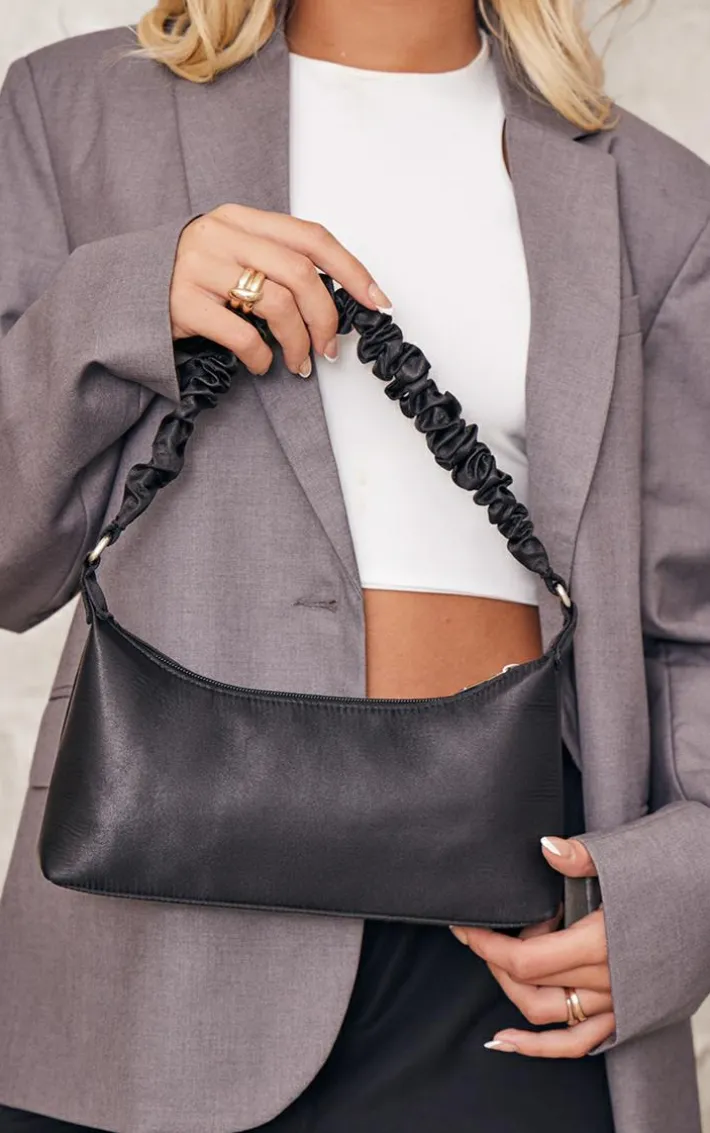 Black Satin Ruched Handle Shoulder Bag