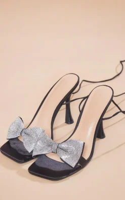 Black Satin Square Toe Diamante Bow Strappy Lace Up Heeled Sandals