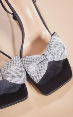 Black Satin Square Toe Diamante Bow Strappy Lace Up Heeled Sandals