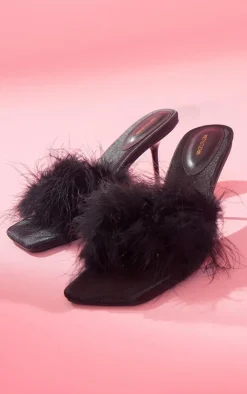 Black Satin Square Toe Feather Low Heeled Mule Sandals