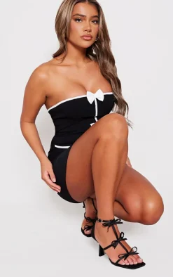 Black Satin Square Toe Multi Bow High Heeled Sandals