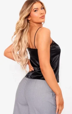 Black Satin Strappy Lace Trim Split Front Cami Top