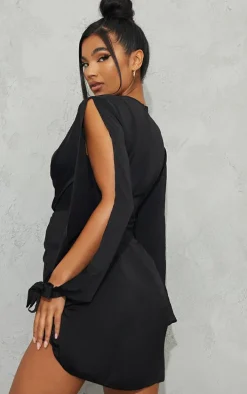 Black Satin Twist Front Open Sleeve Wrap Dress