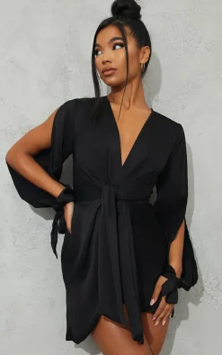 Black Satin Twist Front Open Sleeve Wrap Dress