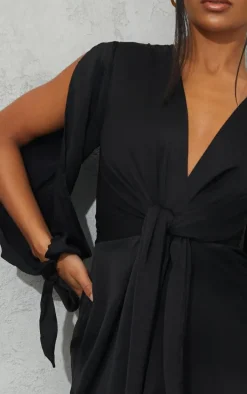 Black Satin Twist Front Open Sleeve Wrap Dress