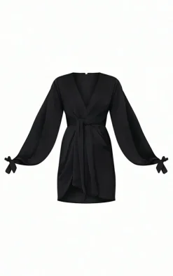 Black Satin Twist Front Open Sleeve Wrap Dress