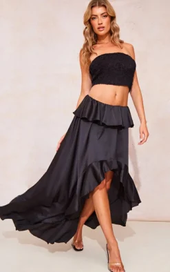 Black Satin Waterfall Front Maxi Skirt