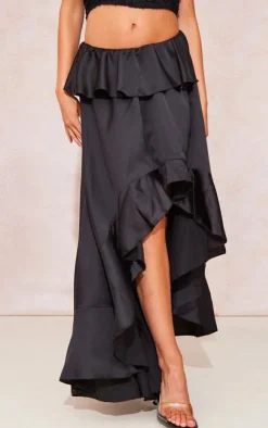 Black Satin Waterfall Front Maxi Skirt