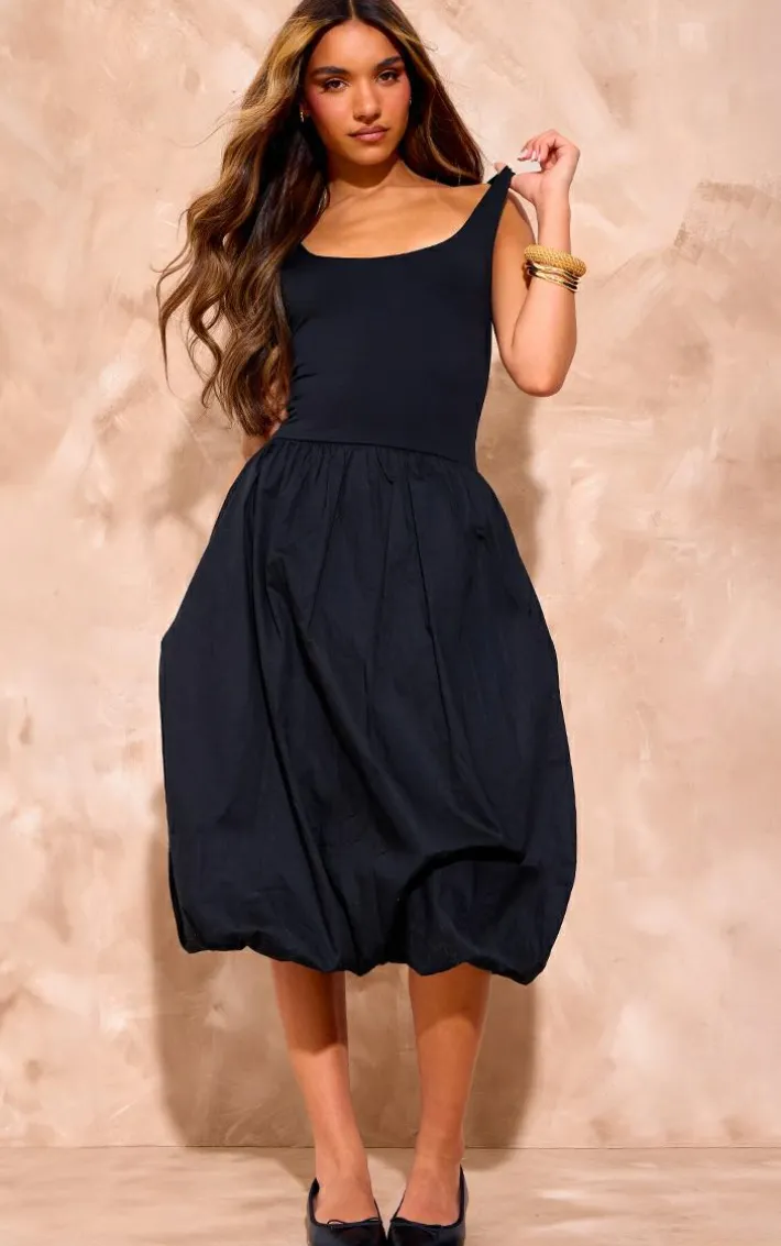 Black Scoop Neck Puffball Midi Dress