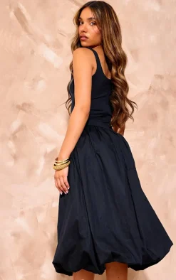 Black Scoop Neck Puffball Midi Dress