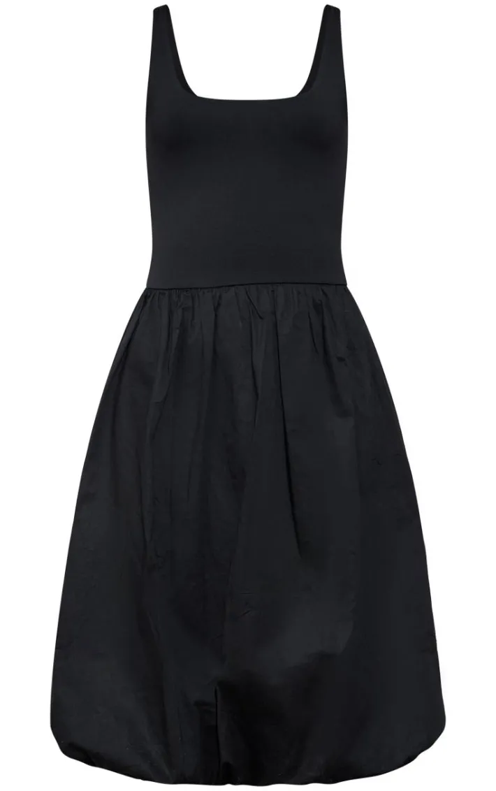 Black Scoop Neck Puffball Midi Dress