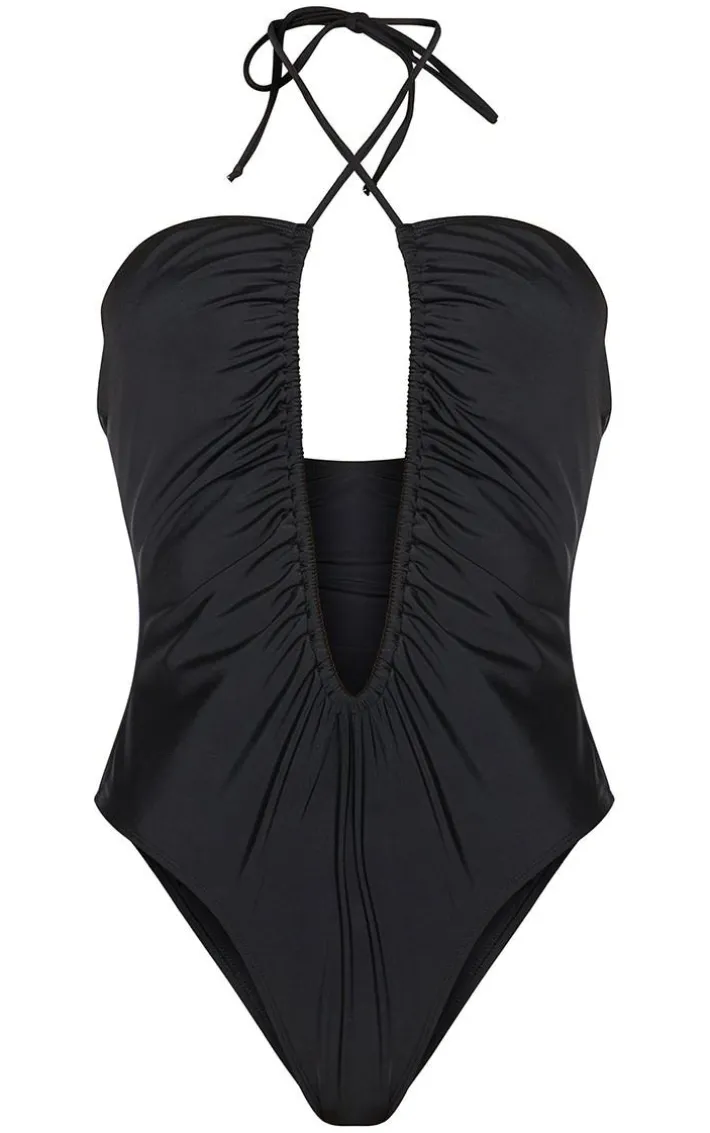 Black Scoop Neck Ruched Swimsuit