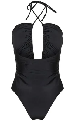 Black Scoop Neck Ruched Swimsuit