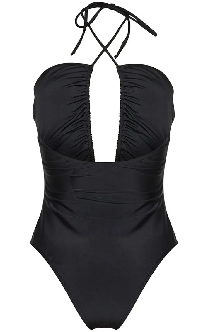 Black Scoop Neck Ruched Swimsuit