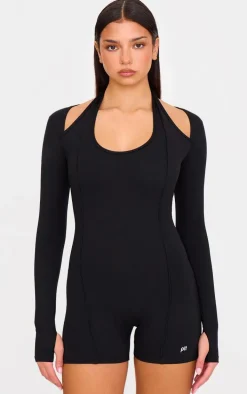 Black Sculpt Halter Long Sleeve Gym Unitard