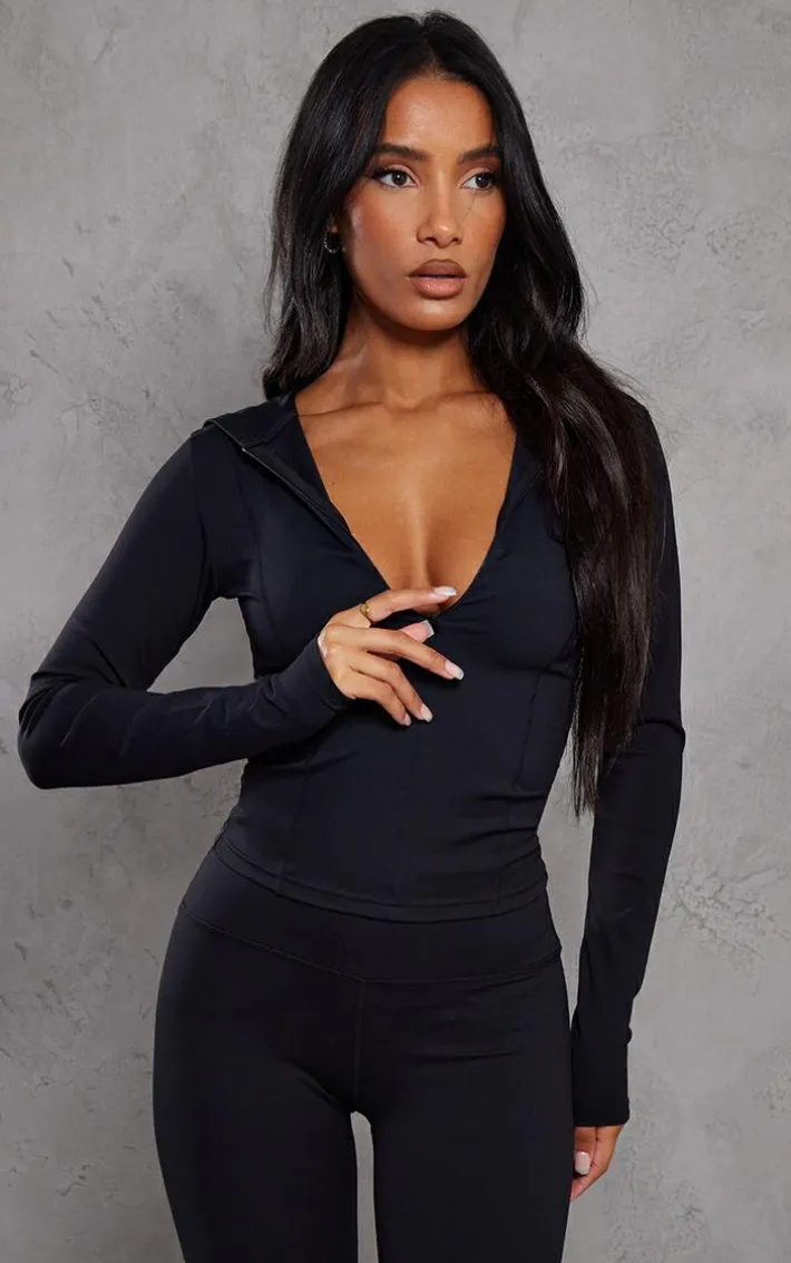 Black Sculpt Long Sleeve Hooded Gym Jacket