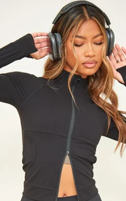 Black Sculpt Pocket Front Double Zip Up Jacket