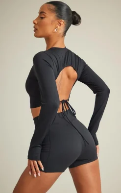 Black Sculpt Ruched Cut Out Tie Back Long Sleeve Top