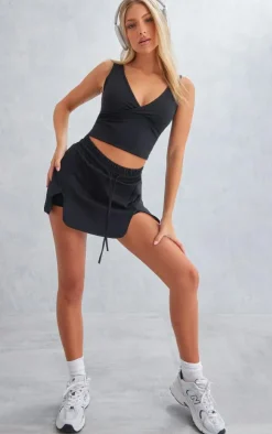 Black Sculpt Toggle Waist Split Front Gym Skort