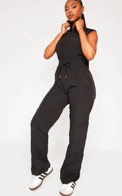 Black Seam Detail Elasticated Zip Up Jumpsuit