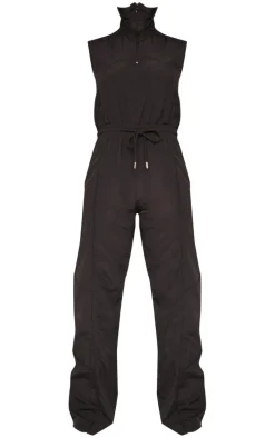 Black Seam Detail Elasticated Zip Up Jumpsuit