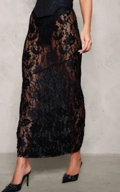 Black Seam Detail Lace Maxi Skirt