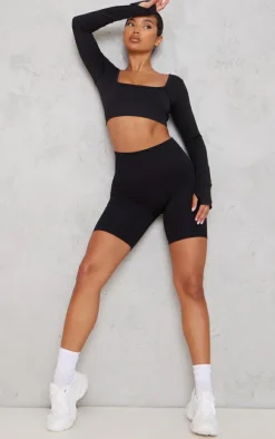 Black Seamless Basic Square Neck Long Sleeve Gym Top