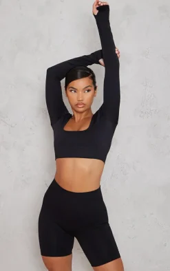 Black Seamless Basic Square Neck Long Sleeve Gym Top