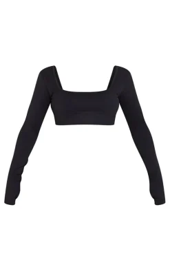 Black Seamless Basic Square Neck Long Sleeve Gym Top