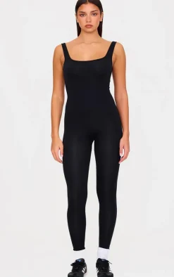 Black Seamless Cross Back Long Gym Unitard