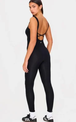 Black Seamless Cross Back Long Gym Unitard