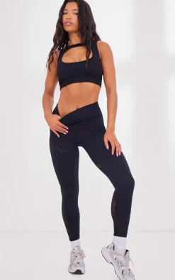 Black Seamless Distressed Panel Leggings