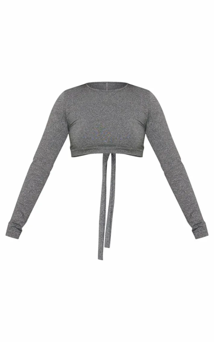 Black Seamless Melange Open Tie Back Top