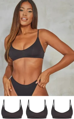 Black Seamless Rib Scoop Neck Bra 3 Pack