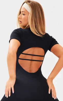 Black Seamless Zip Up Seam Detail Strappy Back Unitard