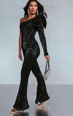 Black Sequin Bow One Shoulder Flared Jumpsuit