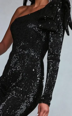Black Sequin Bow One Shoulder Flared Jumpsuit