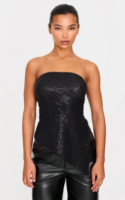 Black Sequin Detail Asymmetric Hem Bandeau Long Top