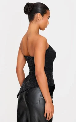 Black Sequin Detail Asymmetric Hem Bandeau Long Top