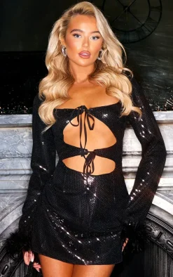 Black Sequin Feather Tie Front Cut Out Feather Trim Shift Dress