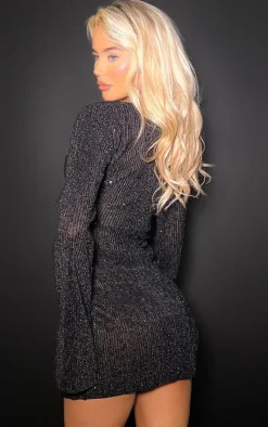 Black Sequin Plisse Long Sleeve Tie Detail Bodycon Dress