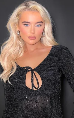 Black Sequin Plisse Long Sleeve Tie Detail Bodycon Dress