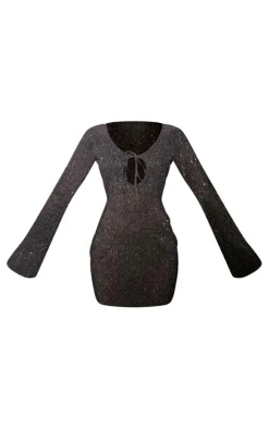Black Sequin Plisse Long Sleeve Tie Detail Bodycon Dress