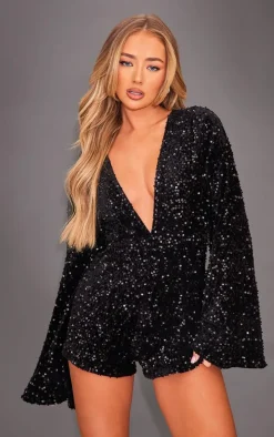 Black Sequin Plunge Tie Flared Sleeve Romper