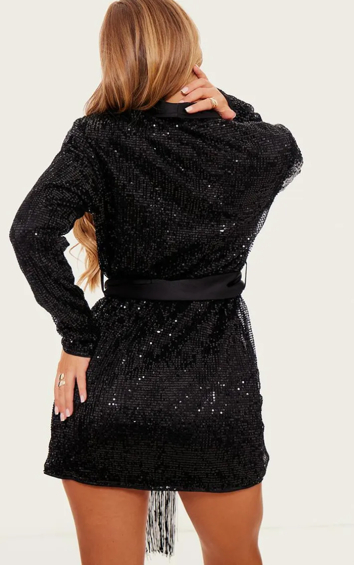 Black Sequin Tassel Tie Detail Blazer Dress
