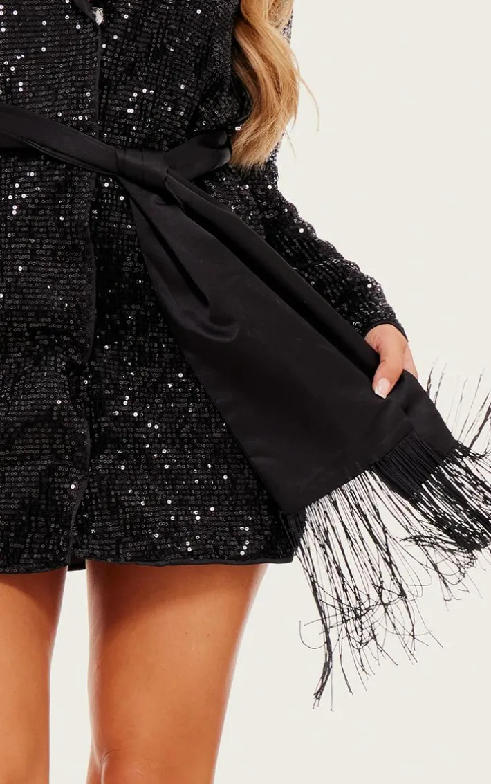 Black Sequin Tassel Tie Detail Blazer Dress
